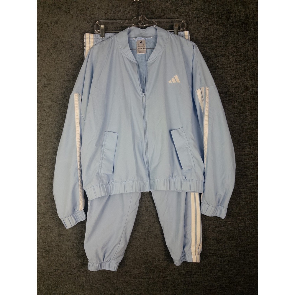 Y2K Adidas Tracksuit Womens L Sky Blue Mesn 3 Striped Set Athletic Full Zip